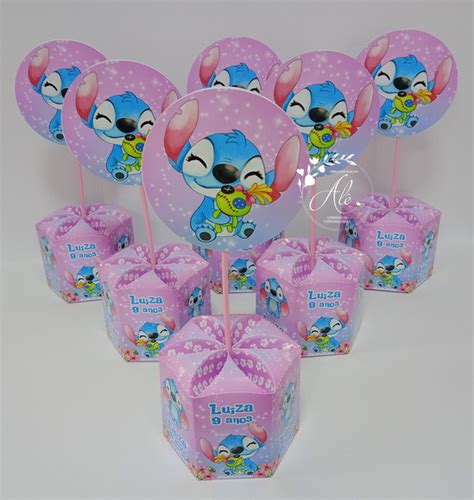 Centro De Mesa Grande Personalizado Stitch Rosa Claro Elo