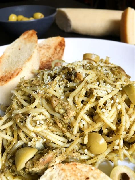 Easy Tuna Pesto Pasta With Green Olives Amiable Foods