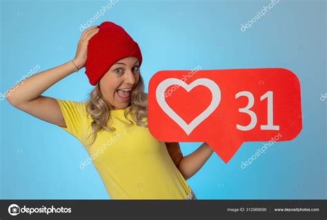 Attractive Woman Holding Heart Symbol Love Social Media Notification