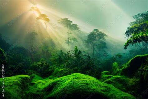 Misty Jungle Rainforest In The Morning Tropical Forest With Sun Rays