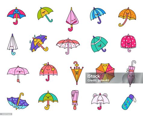 Cute Kawaii Umbrella Cartoon Rainy Seasonal Parasols Character Hand