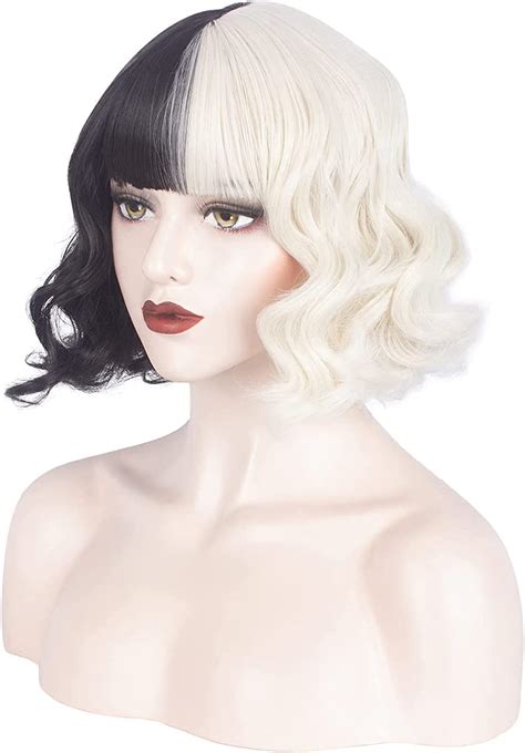 Pyatofyy Half Black Half White Wig Shoulder Length Curly Wig With Bangs Cruella Wig Short Wigs