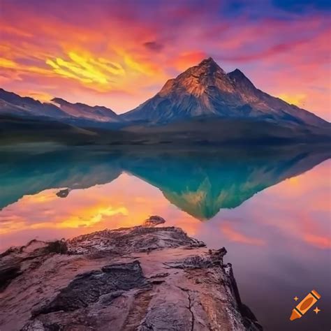 Colorful Sunset Over A Mountain Lake On Craiyon