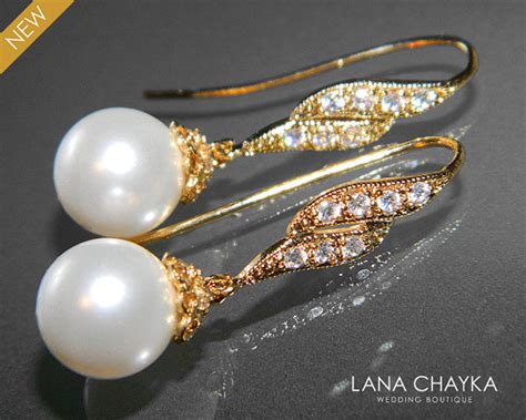 White Pearl Bridal Earrings Swarovski 10mm Pearl Vermeil Gold Cubic