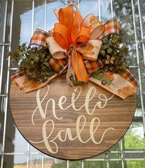 Front Door Decor Hello Fall Wooden Wreath Door Hanger Home Etsy