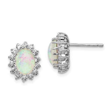 Sterling Silver Cheryl M Rhod Plated Cz Cr Opal Oval Post Earrings