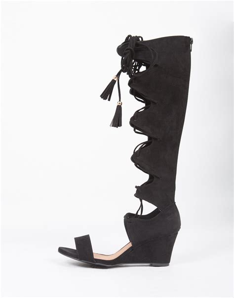 Lace-Up Gladiator Wedge Sandals - Black Sandals - Gladiator Heels – 2020AVE