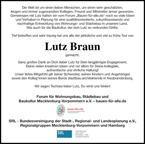 Traueranzeigen Von Lutz Braun Trauer Nordkurier