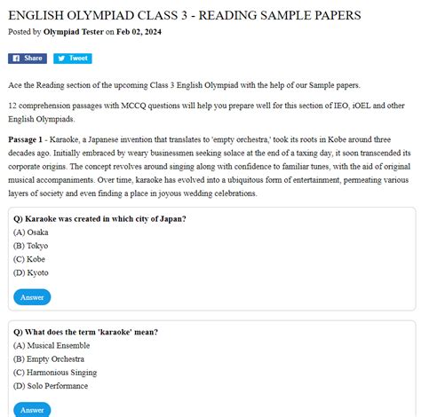 Class 3 English Olympiad Sample Question Papers Olympiad Tester