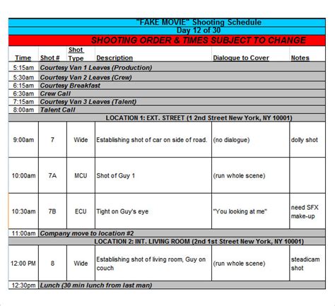 Free Sample Shooting Schedules In Pdf Ms Word Excel