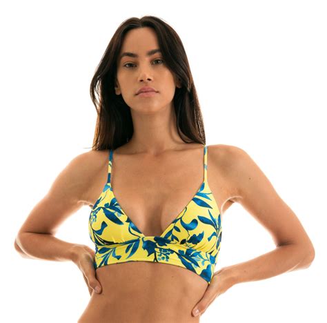 Yellow Bra Bikini Top With Plant Print And Laced Back Top Lemon