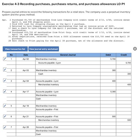 Solved Exercise 4 3 Recording Purchases Purchases Returns Chegg