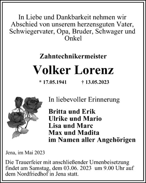 Traueranzeigen Von Volker Lorenz Trauer In Thueringen De