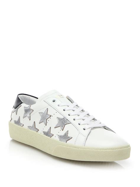 Saint Laurent Court Classic Leather And Metallic Star Sneakers In White