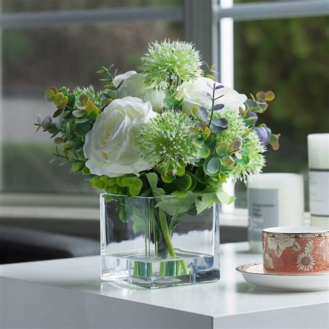 Enova Home Home Mixed Artificial Silk Roses Flowers And Greenery Arrangement In Cube Glass Vase