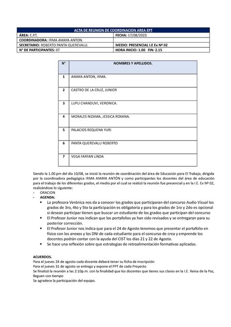 ACTA 03 deded ACTA DE REUNION DE COORDINACION AREA EPT ÁREA E P