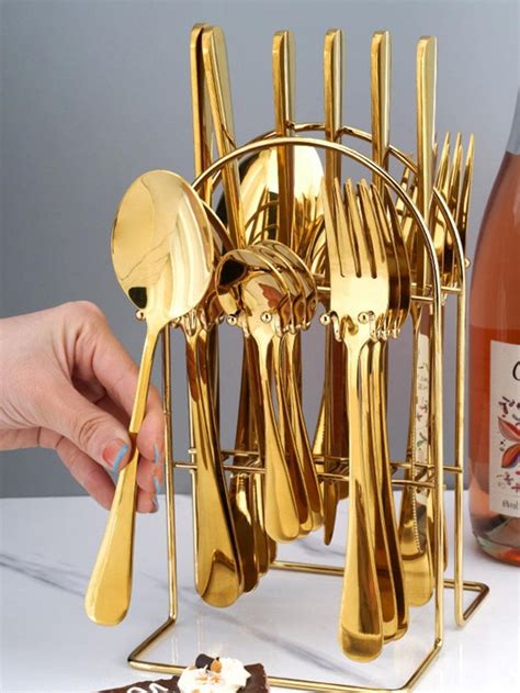 24pcs Stainless Steel Cutlery Set With Storage Rack Minimalist Golden