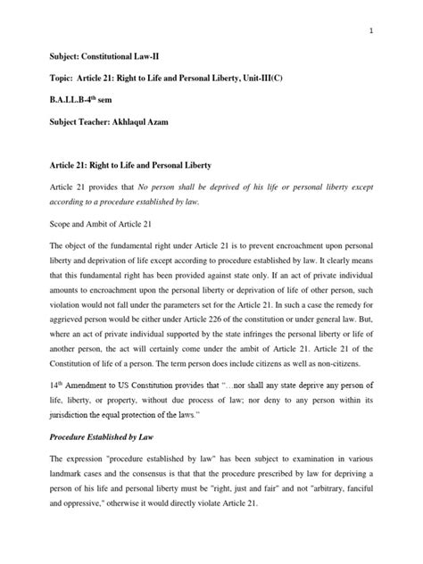 Subject Constitutional Law Ii Topic Article 21 Right To Life And