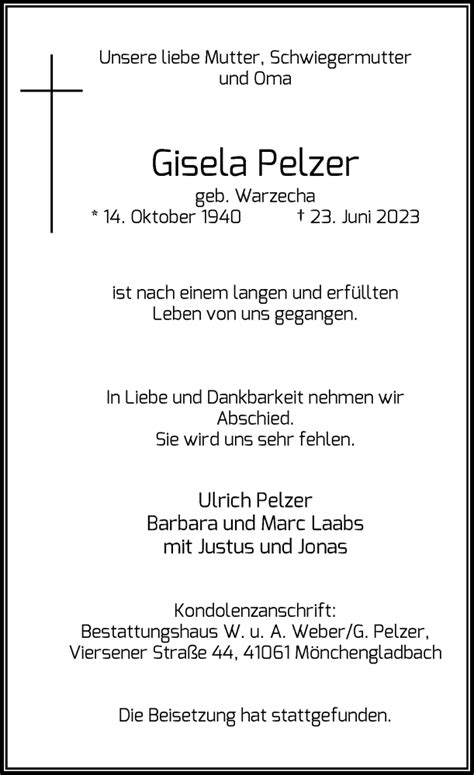 Alle Traueranzeigen für Gisela Pelzer trauer rp online de