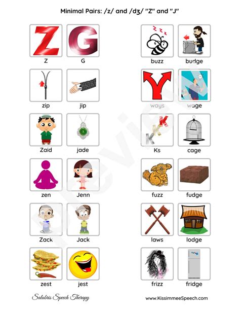 Minimal Pairs For Z J Phonemes For Speech Therapy Practice Full Page