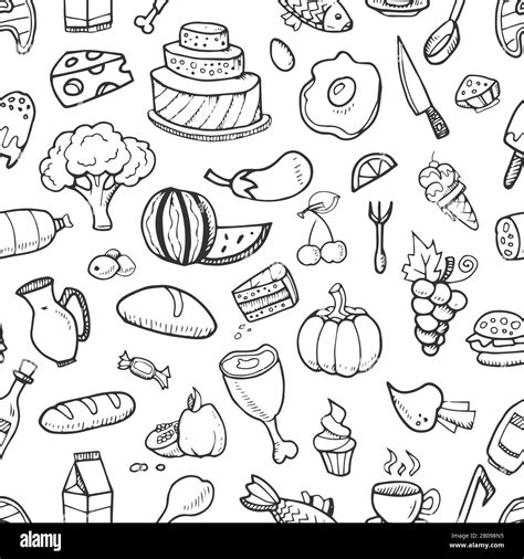 Doodle food ingredients, drinks and vegetables seamless pattern for menu design. Sketch ...