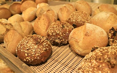 Assortment Of Fresh Baked Bread In The Bakery S Basket Stock Photo