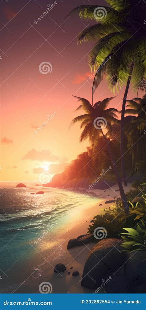 Tropical Beach At Sunset With Palm Trees 3d Render Stock Illustration