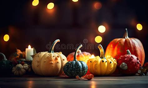 Pumpkins And Fall Leaves Adorn A Harvest Themed Table Setting Creating