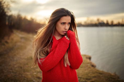 Portrait Looking Away Straight Hair Women Sweater 1080P Pink