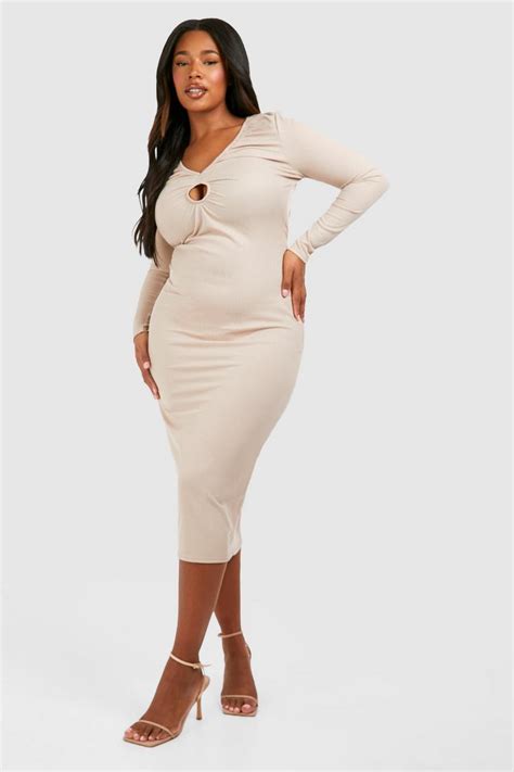 Plus Rib Key Hole Detail Long Sleeve Midi Dress Boohoo Uk