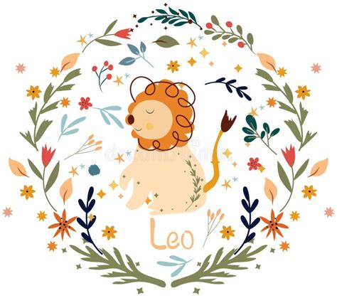 Leo Cute Zodiac In A Colorful Wreath Of Leaves Flowers And Stars