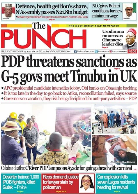 Newspaper Headlines Pdp Mulls Expulsion Of G Governors As They Meet