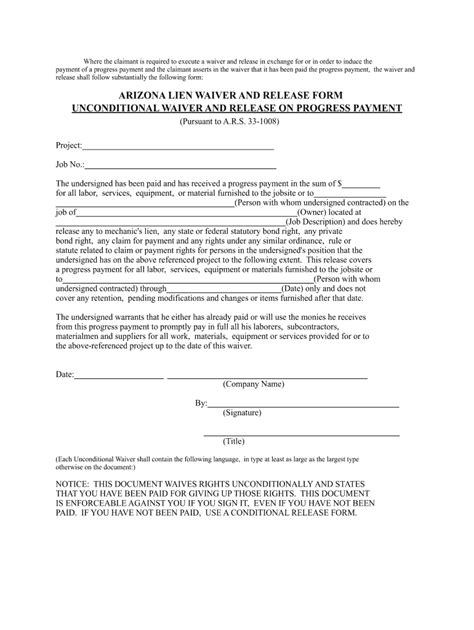 Arizona Lien Waiver Form Fill Online Printable Fillable Blank