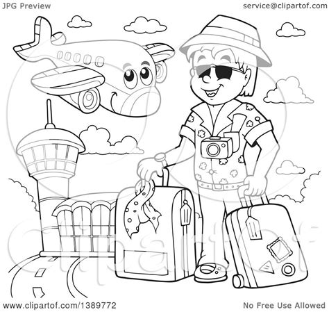 Clipart of a Black and White Lineart Happy Airplane Character Flying ...