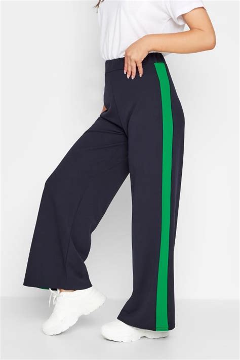 Petite Navy Blue Green Stripe Wide Leg Trousers PixieGirl