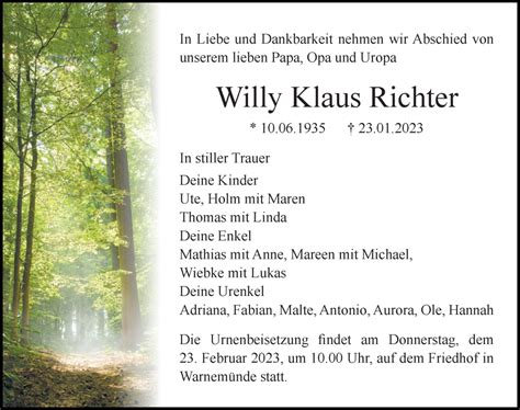 Traueranzeigen Von Willy Klaus Richter Trauer Anzeigen De