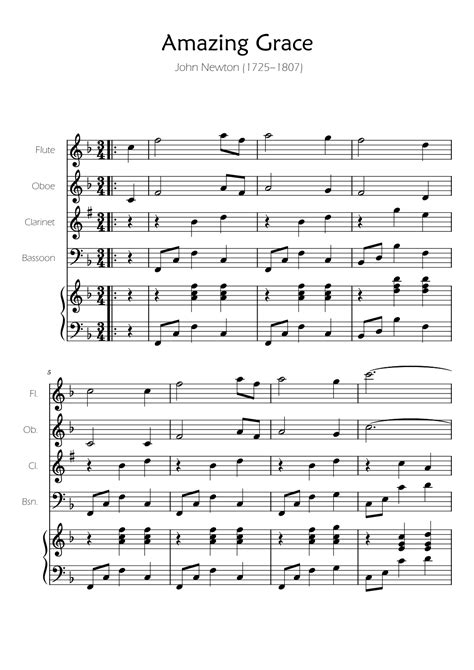 Amazing Grace Woodwind Quartet W Piano Accompaniment Arr Ygor Nunes Sheet Music John