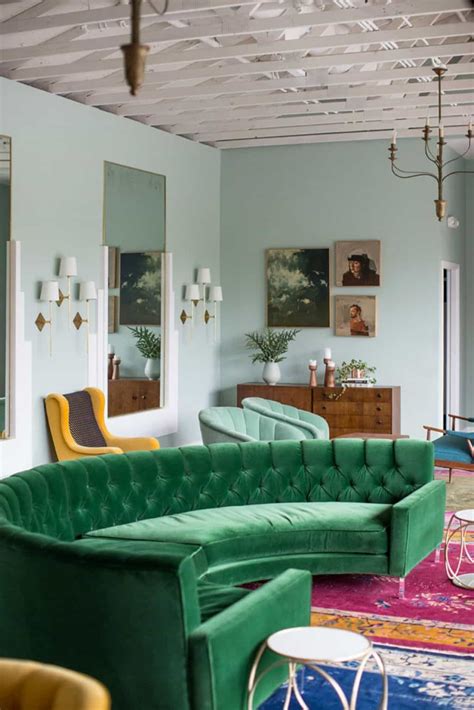 Eclectic Living Room With Curved Green Sofa Decorating Ideas With A