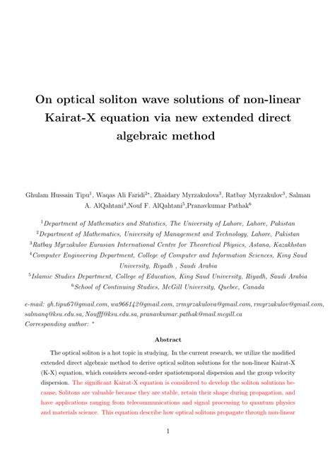 Pdf On Optical Soliton Wave Solutions Of Non Linear Kairat X Equation