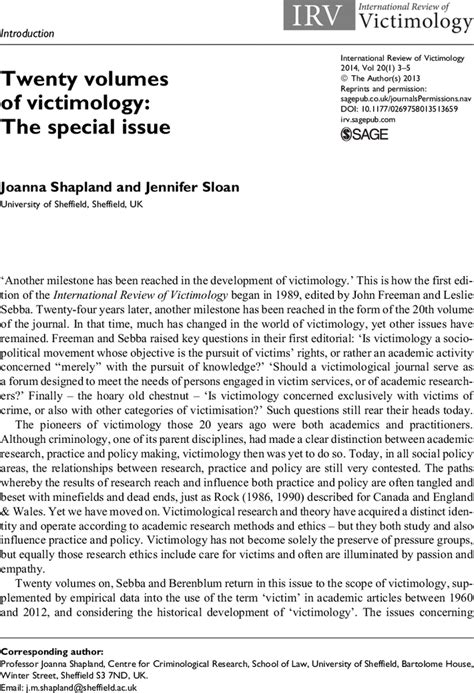 Twenty volumes of victimology: The special issue - Joanna Shapland ...