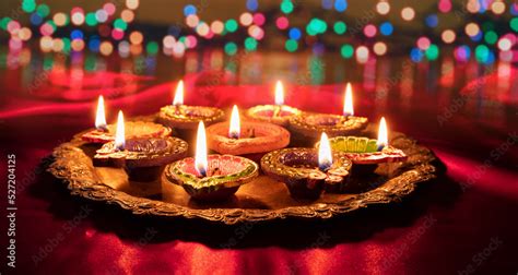 Diwali Diya Oil Lamps Lit At Deepavali Celebration Hindu Festival Of