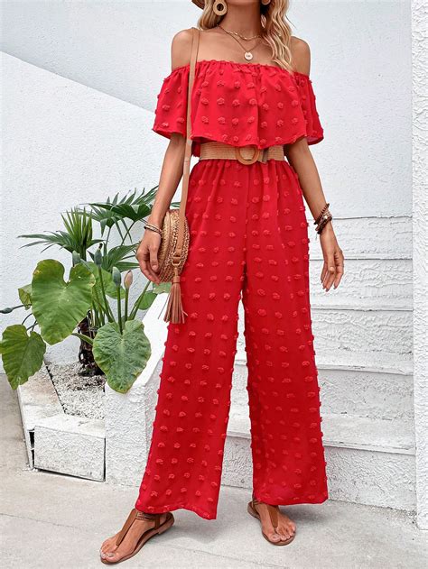 Shein Vcay Swiss Dot Off Shoulder Ruffle Trim Wide Leg Jumpsuit Without