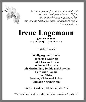 Traueranzeigen Von Irene Logemann Nordwest Trauer De