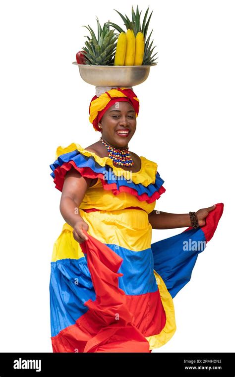 Happy Fresh Fruit Street Vendor Palenquera Dancing On White