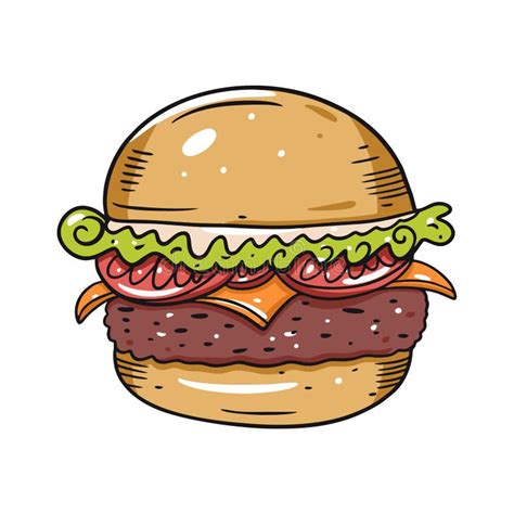 Cheeseburger With Tomato Shredded Lettuce And Cheese Hand Drawn Vector Illustration In Cartoon