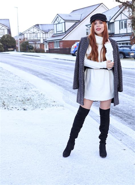 Style By Deb White Sweater Dress Thigh High Boots Home Snowy Ootd