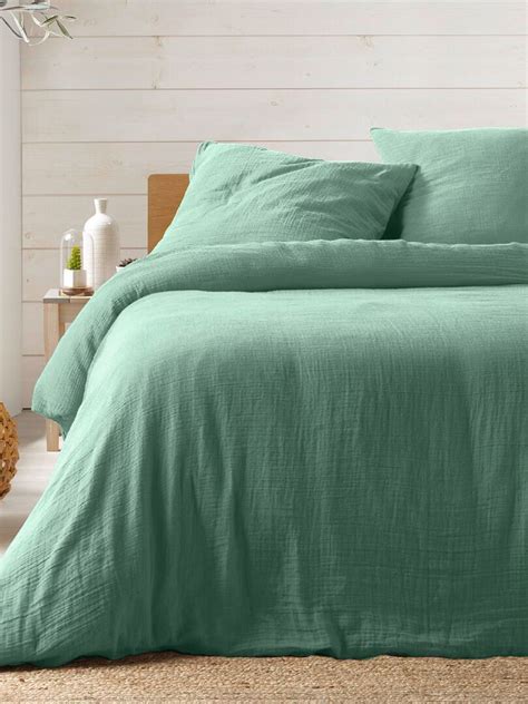 Housse De Couette 2 Taies Gaze De Coton Collection Couleurs Vert