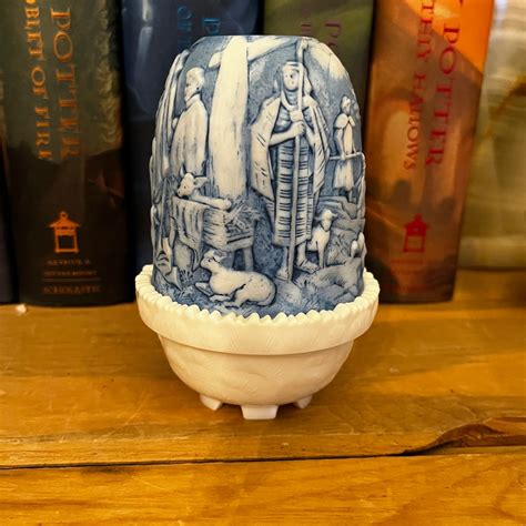 Vintage Fenton Fairy Lamp Signed Raised Relief Nativity Blue Christmas