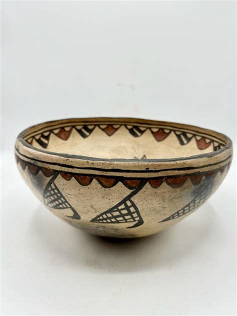 San Ildefonso Small Polychrome Dough Bowl With Complex Kiva Step And