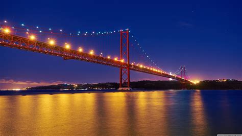 25 de Abril Bridge, Night, Tagus River, Portugal Ultra HD Desktop ...